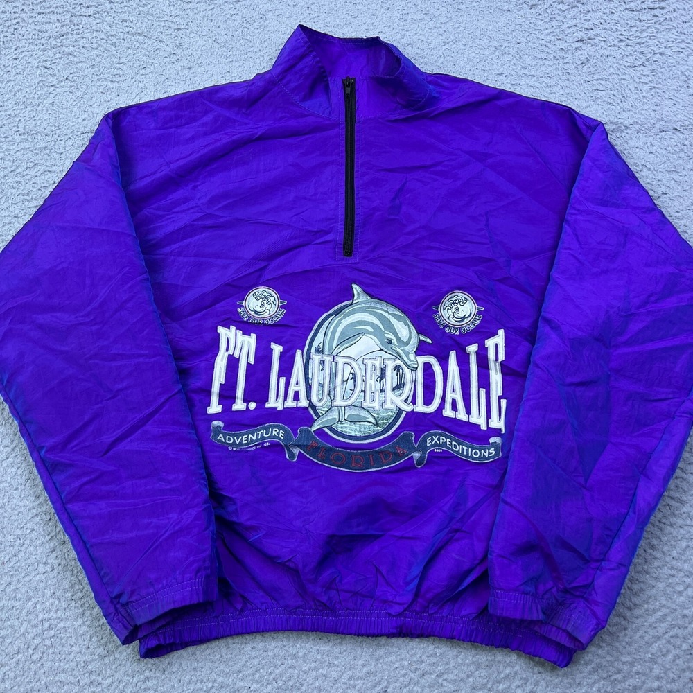 VTG 1994 Ft Lauderdale Windbreaker OS Purple 1/4 Zip Pullover Dolphin‎ USA Made